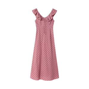 Korean Style A-Line Midi Dress Pink Plaid Sleeveless V-Neck High Waist Commute Dress Female Spring Autumn Season Long Dress