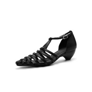 Hollow T-Strap Block Heel Pointed Toe Mary Jane Roman Sandals