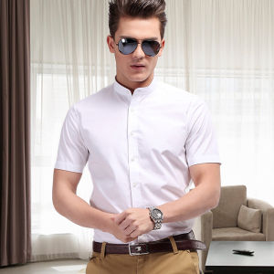 เสื้อเชิ้ตคอตั้งชายผ้าไหมน้ำแข็งแขนสั้นสไตล์ธุรกิจ Pure Cotton ฤดูร้อน ชุดกี่เพ้าชาย คอตั้งเล็ก สีขาว ระบายอากาศได้ดี ทรงหลวม