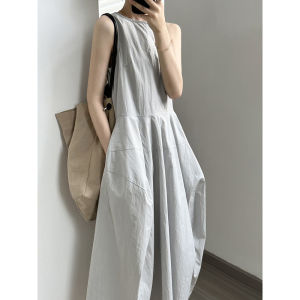 French Simple Blue Bouffant Dress Summer New Design High Waist Cotton Blend A-Line Skirt Style Sleeveless Vest Dress