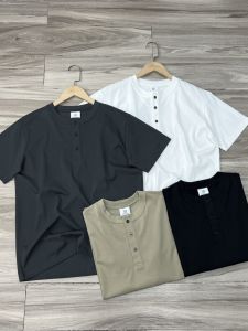 Áo Thun Tay Ngắn Chất Lượng Cao Cotton Pha Polyester Thời Trang Mùa Hè Thoáng Khí Thường Ngày Cổ Henry Phong Cách Retro