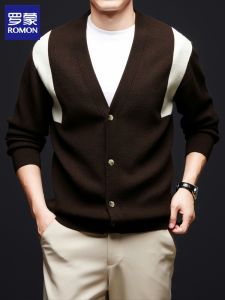 ROMON | Fashion Colorblock V-neck Knitted Sweater Cardigan for Autumn