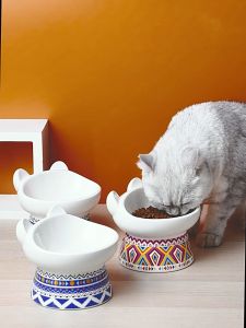 Exotic Style Aboriginal Stripes Totem Ceramic Cat Bowl High Foot Food Drinking Pet Dog Heighten
