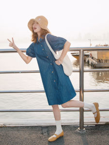 Blue Arc Design Shirt Dress Waist Cinching Denim Summer New Arrival High Waist Cotton Blend H-Line Dress for Young Women
