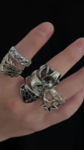 Salircon 7 Pcs Vintage Punk Metal Multi Element Five Point Star Ring Set for Men Fashion Adjustable Open Rings Steampunk Jewelry