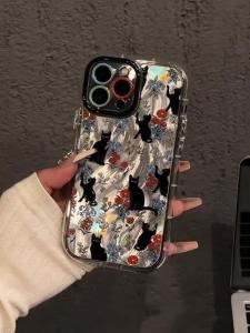 เคสโทรศัพท์แบบครอบเต็มรูปแบบลายแมวสีดำดอกไม้สำหรับ Apple 17promax iPhone 16pro 14 13 12 11pro 10 9 8 7 6 5 4 3 2 1 พร้อมฟองน้ำกันกระแทก