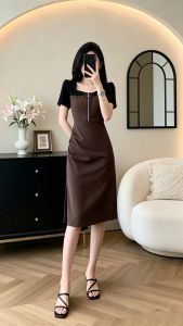 SUYE | French Luxury Summer Elegance Youthful Tea-color Stitching Slit Dress