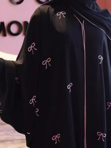 Embroidered Arabian Womens Dress with Butterfly Knot Open Cardigan Long Robe Sweet Style High Waist Long Sleeve Full-Length