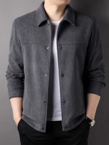 Corduroy Jacket Mens Spring Autumn Casual Turn-down Collar Stripe Leisure Workwear Outerwear Fashionable Youth Popular