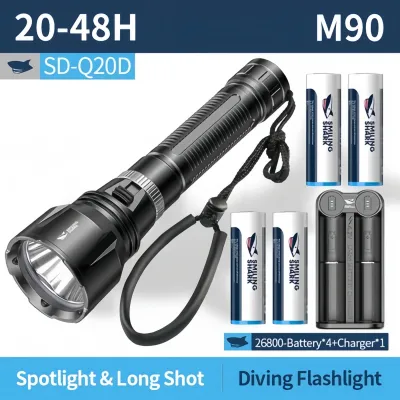 SMILING SHARK Diving Flashlight IPX8 Waterproof Scuba Dive Torchlight Led M90 Super Bright 26650 USB Rechargeable 100W 6000 Lumens Torch Light Deep Underwater 100M Lamp Swimming Dive Lighting Lamp Long Battery Life SDQ20