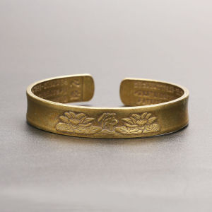 Vintage Hand Carved Lotus Sutra Bracelet Pure Copper Collectible Handicraft Solid Bracelet Mens Ladies Opening Adjustable Winning Wealth Real and Effective