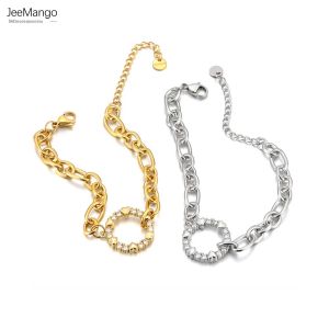 JeeMango อินเทรนด์สแตนเลส Zirconia Love Heart Circle Charm สร้อยข้อมือผู้หญิง Golden Cuban CHAIN เครื่องประดับกันน้ํา B25084