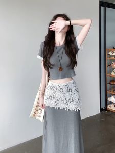 XIAOQIAOJIA | Korean Style Summer Outfit Two-Piece Set Lace Splicing Dress Short Sleeve Round Neck Casual Fashion Anti-Aging Young Looking