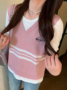 Áo Thun Tay Ngắn Kẻ Sọc Thiết Kế Giả Hai Mảnh Cho Nữ Mùa Hè Cỡ Lớn Vai Vừa Vặn Che Phủ Mỡ Áo Thun Cổ Tròn