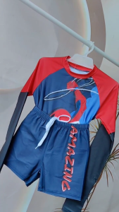 2pc Swimwear Set for Kids Boys 3-11 Years Old Cute Printed Design Long Sleeve Shirt + Short Rashguard Set for Kids