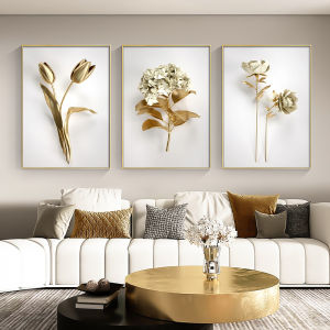 Nordic Golden White Plant Leaves Wall Art Canvas Painting 3D vision Flowers Poster Prints Pictures for Modern Living Room Decor