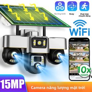 Camera Năng Lượng Mặt Trời Không Dây V380 WiFi Giám Sát Ngoài Trời Tầm Nhìn Ban Đêm Ba Ống Kính Giám Sát Video An Ninh Với Pin Tích Hợp