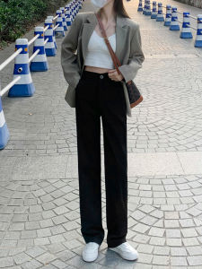 กางเกงขายาวทรงตรงสีดำสำหรับผู้หญิง ทรงสลิมฟิต กางเกงขายาวทรงหลวมสบาย ๆ สำหรับฤดูใบไม้ผลิและฤดูร้อน