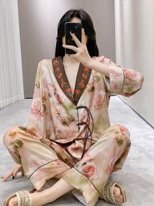 Spring Autumn Ice Silk Sleepwear Womens Long Sleeve Home Clothes Set Floral Print Button up Comfortable Breathable Lightweight
