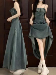 Retro Hong Kong Style Denim Dress Womens Summer New Design Sensation Small Audience Ultra Popular Strap Long Skirt