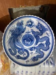 Mâm bồng Song Long chầu nguyệt men lam cổ không chân để