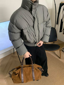 Áo Khoác Lông Vũ Dày Màu Xám Ấm Áp Mùa Đông Có Lót Lông Cừu Cleanfit Cổ Đứng Phong Cách Bánh Mì Cho Nam