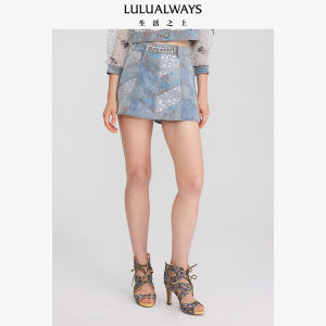 LULUALWAYS กางเกงขาสั้นยีนส์ทรงเอเอวสูงดีไซน์ใหม่ดีไซน์สีบล็อกประดับคริสตัล กางเกงยีนส์ทรงตรงลำลองสำหรับผู้หญิง