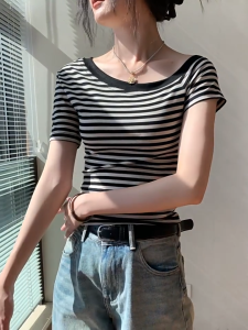 PM✿ Hot Girl Off Shoulder Striped Short Sleeved T-shirt Fashion Women Slim Fitting Top