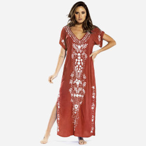 Embroidery Beach Cover up Short Sleeve Saida de Praia Kaftan Tunics Women Bikini Cover Ups Swimsuit Pareo Maxi Dress Beachwear