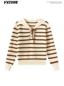 Retro Khaki Striped Knitted Tie Navy Collar Long Sleeve T-Shirt Women Slimming Student Shoulder Outerwear Autumn Classic Style