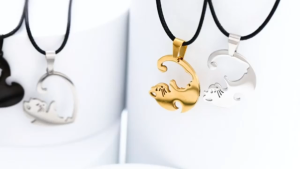 Hình chú mèo dễ thương quà Valentine dành cho Nam bằng Thép không gỉ mặt dây vòng cổ đôi của phụ nữ hình trái tim tình yêu Câu Đố phù hợp