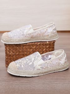 Lace Ladies Summer Thin Single Shoes Fisherman Slip-On Flat Bottom Fashionable All-Match Canvas Shoes round Toe EVA Outsole