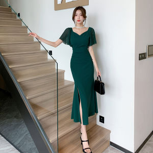 Impression Fashion Women Elegant Korean Plain V-neck Short Sleeve Bodycon High Waist Split Fishtail Long Evening Dress