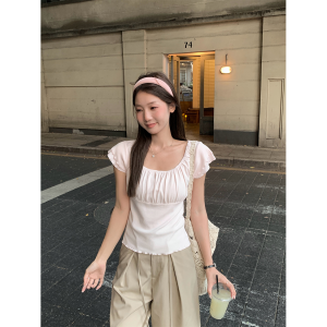 Stylish American U-neck Waist-cinching Slimming Short Sleeve T-shirt