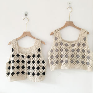 Short Knitted Open Cardigan Womens Spring Summer Outerwear Hollow out Sleeveless Vest Loose Fit Casual Style Square Collar