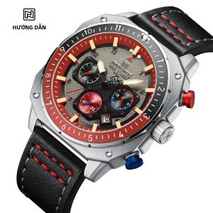 Đồng Hồ Thể Thao Nam NAVIFORCE Chống Nước Dây Da Cao Cấp Máy Quartz Kim Dạ Quang Mặt Vuông Chức Năng Chronograph Thời Trang