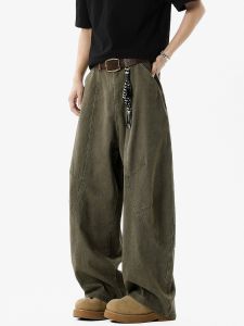 American High Street Style Mens Loose Fit Wide Leg Jeans Retro Patchwork Knife Edge Casual Trousers for Youth Spring Season