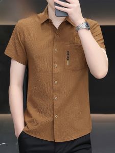 HENGYUANXIANG | Hengyuanxiang Mens Short Sleeve Shirt Pure Color Embroidery Ice Silk Bubble Cloth Anti-Wrinkle Summer Fashion Urban Style