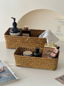 Woven Rectangular Cosmetic Storage Box Desktop Snack Miscellaneous Items Organizer Basket Grass Craft Household Storage Basket