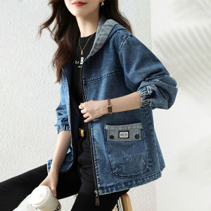 Loose Womens Denim Jacket Spring Autumn Fashion Casual Large Pocket Hooded Stylish plus Size Jacket Cotton Blend Zipper Closure