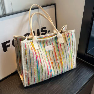 กระเป๋าผ้าใบทรงสี่เหลี่ยมขนาดใหญ่สำหรับผู้หญิง กระเป๋าถือลายทางสีรุ้ง กระเป๋าสะพายไหล่เดี่ยวสำหรับเดินทาง กระเป๋าใส่ของใช้สำหรับแม่