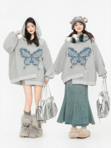 KEIKO | Đồ Ngoài Hoodie Đen Xám Không Đối Xứng Kích Cỡ Lớn Thêu Bướm
