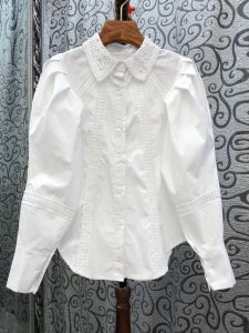 French Style Unique Womens Shirt Lace Hollow out Bubble Sleeve Slimming Top Polo Collar Long Sleeve Pure Color Loose Fit