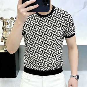 Kawadu | Summer New Arrival Mens Ice Silk Short Sleeve T-Shirt Round Neck Slim Fit Jacquard