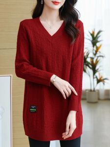 Autumn and Winter 150.00kg Extra Large Size Loose Mid Length Long Length Pure Color V-neck Simplicity Style Chubby Girl Knitting Knitting Shirt Womens Fashion