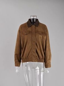 Womens Fashion Khaki Stitching Long-sleeved Corduroy Jacket Autumn and Winter American Vintage Slim-fit Holiday Womens Jacket