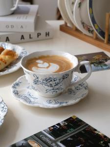 French Vintage Blue Rose Floral Embossed Ceramic Coffee Cup with Saucer Afternoon Tea Cup Handmade Craft Pop Element