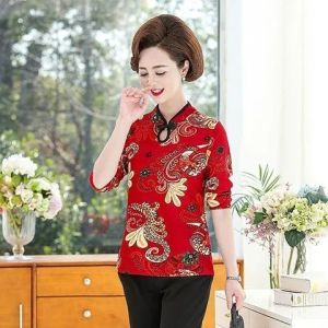 GanLai Women Cheongsam Shirt Long Sleeved Cheongsam Top Large New Printed Short Bottom Daily Improvement Edition Women Cheongsam Top