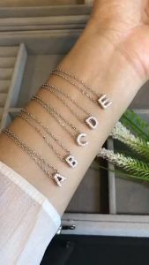 เงินแท้ A-Z Free cz ตัวอักษร ชุบทองคำขาว-เนื้อ 92.5% นิ้ว 16-18 นิ้ว ประดับเพชร