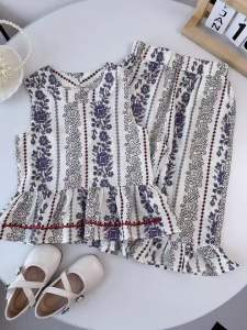 227Bear Leader 3 to 7 Years Baby Girls Clothing Sets Summer Fashion Flower Printing Lace Sleeveless Tops and Wide Leg Pants 2 Pieces Clothes Sets for Kids Girls Cal Wear Outfits